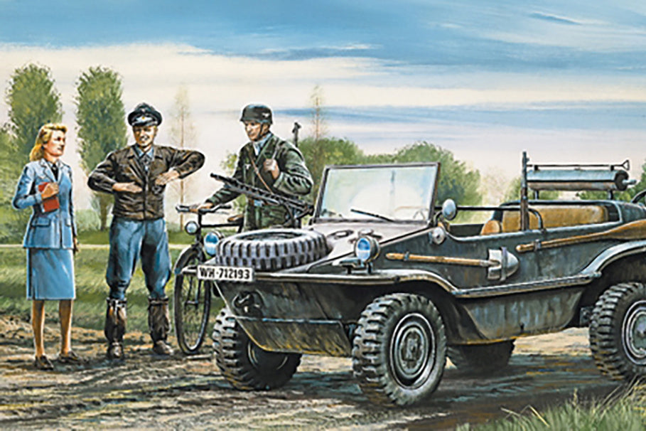 Vintage illustration of a military vehicle with people in a scenic outdoor setting