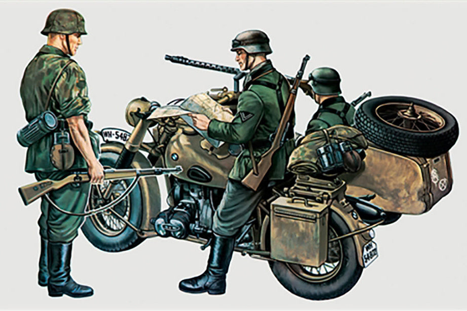 Three soldiers in military gear with a motorcycle on a white background
