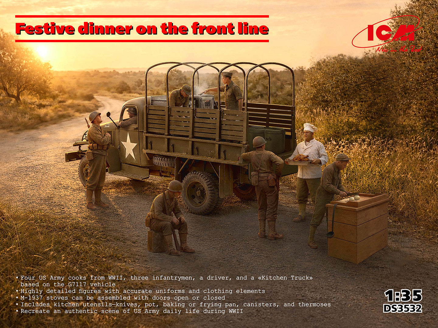 1/35 ICM - Festive Dinner on the Front Line (U.S. WWII G7117 Kitchen Truck, Figures & Accessories) DS3532 (PRE-ORDER)