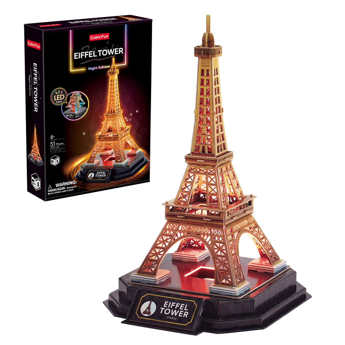CubicFun Eiffel Tower Night Edition with LED Lighting 3D Puzzle CFL534 – box and built model