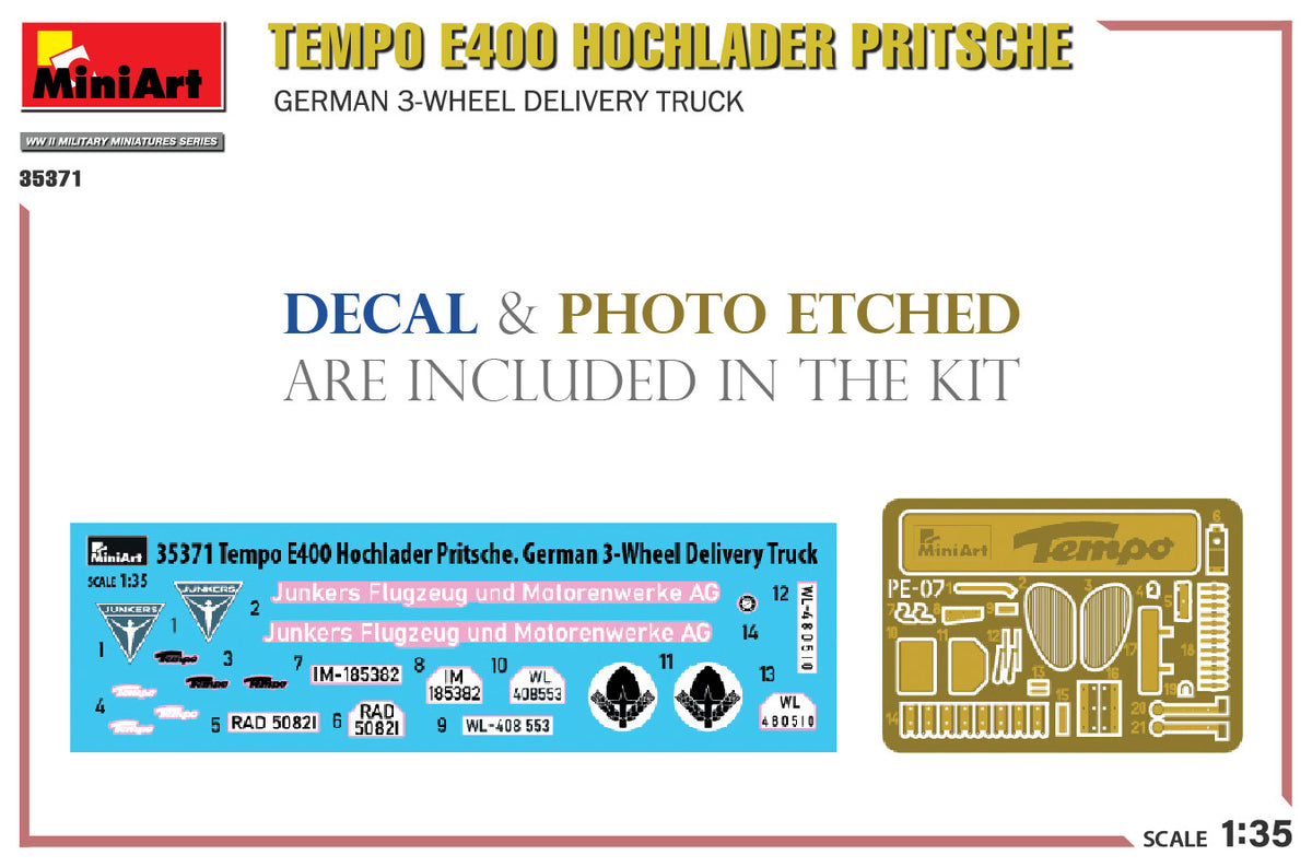 MiniArt 1/35 Military - Tempo E400 Hochlader Pritsche 3 Wheeler - 35371