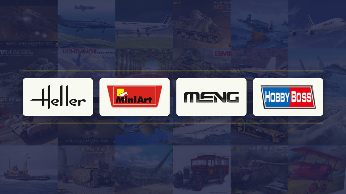 Heller, MiniArt, Meng and Hobby Boss logos over a background of their box art