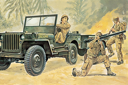 Illustration of a military jeep with soldiers in a desert setting