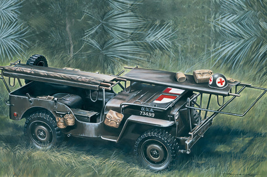 Illustration of a military ambulance vehicle with a red cross symbol on a grassy background
