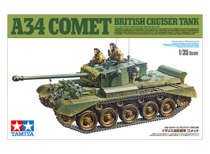 Model kit of a British cruiser tank A34 Comet with Tamiya branding on packaging.