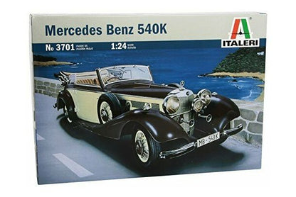 Italeri Mercedes Benz 540K model kit box, number 3701, 1:24 scale, featuring a vintage black and cream convertible car on the front packaging.