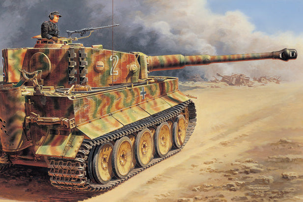 Camouflaged tank with a soldier on top in a desert landscape Italeri 1/35 Military - Pz.Kpfw.V1 Tiger 1Ausf.E Mid Prod - 6507