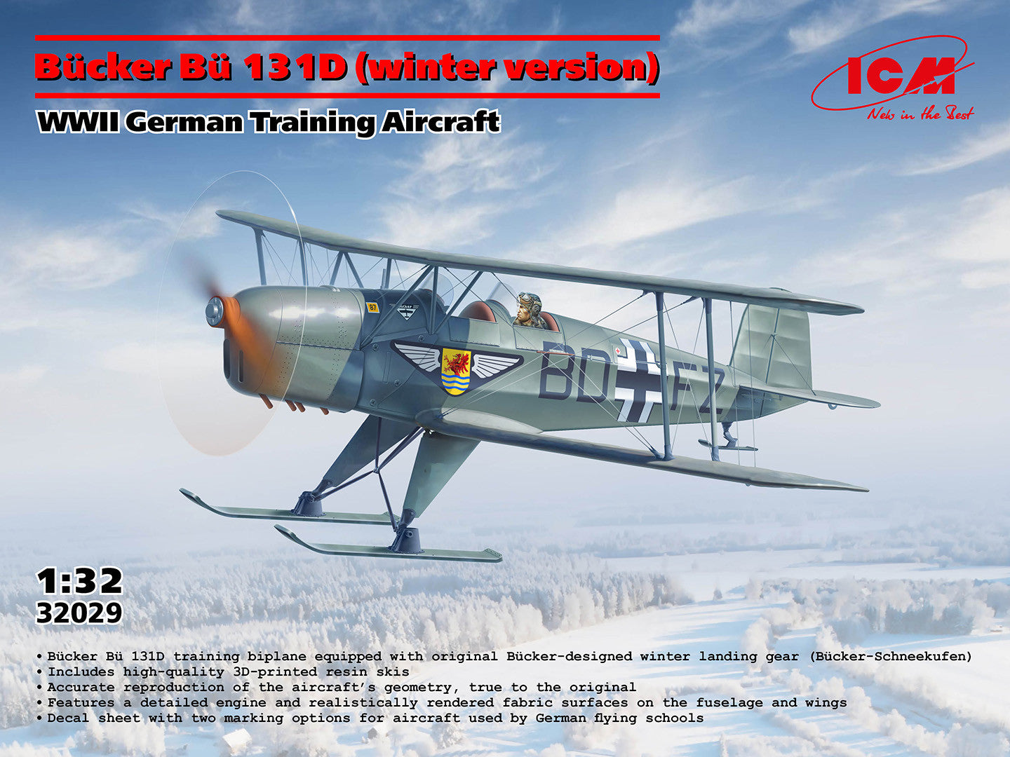 ICM Aircraft 1:32 - Bücker Bü 131D (Winter Version), WWII German Training Aircraft - ICM32029