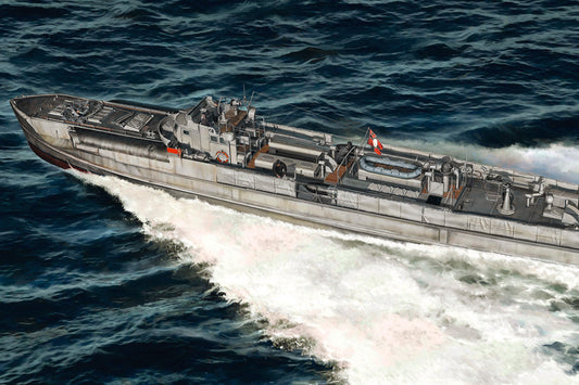 Italeri 1/35 Military - Schnellboot S-26/S-38 - 5625 A gray military-style boat or amphibious vessel moving through deep blue ocean water, creating a white wake.