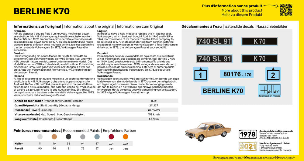 Heller 1/43 Volkswagen K70 Plastic Model Kit 80176