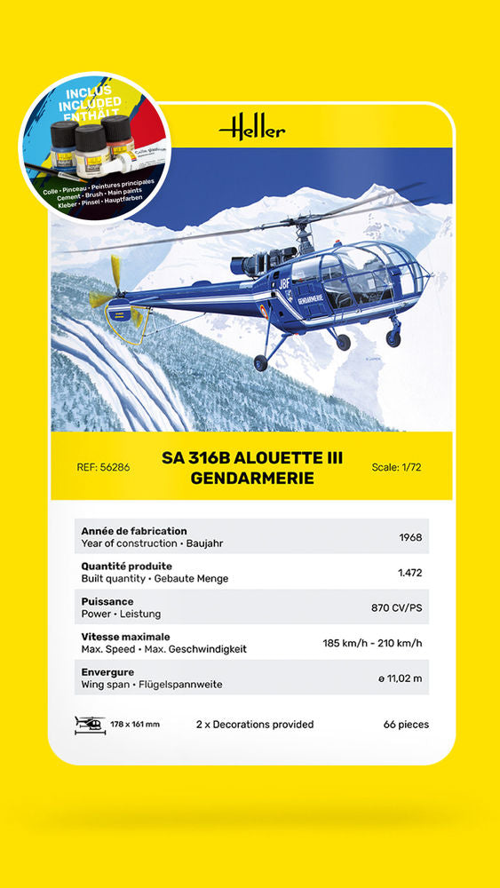 Heller STARTER KIT SA 316 Alouette III Gendarmerie 1:72