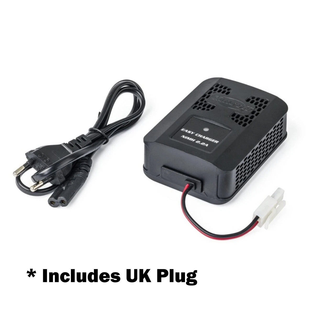 Carson Easy Charger NiMH 2.2A C606103 - hero shot with UK plug and Tamiya lead