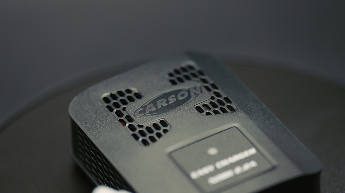 Carson Easy Charger NiMH 2.2A C606103 - close up of top vents and branding