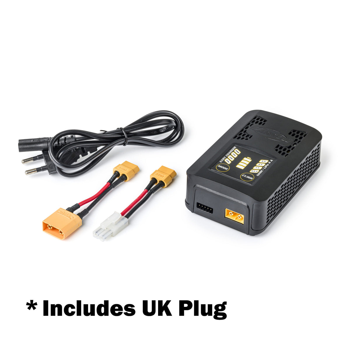 Carson Easy Charger NiMH LiPo 4A C606104 - hero shot with UK lead and XT60 leads