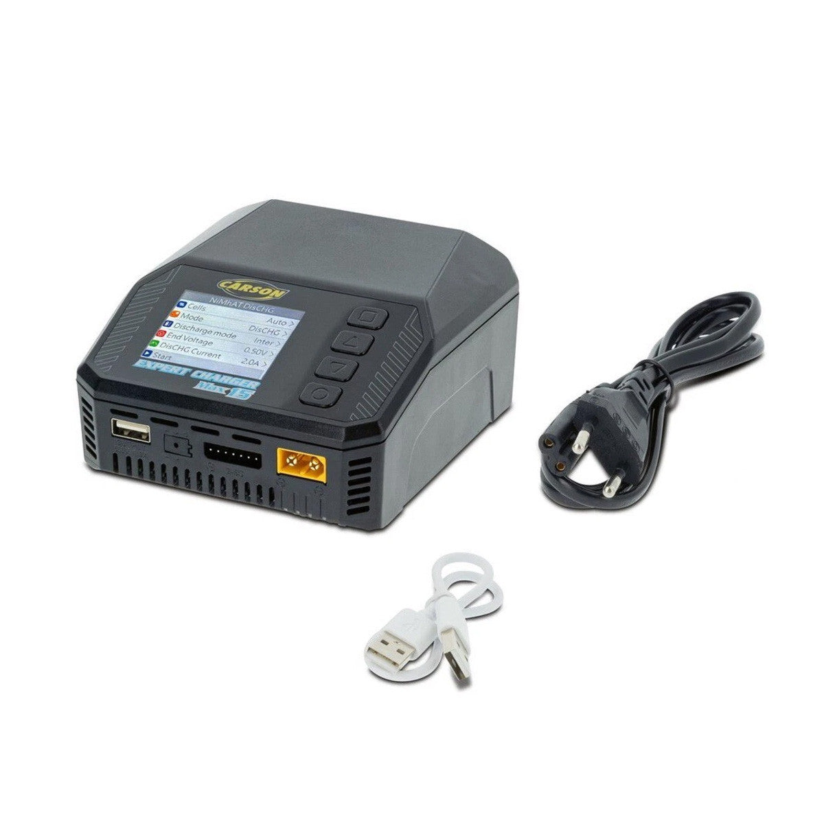 Carson Expert Charger Max 15 C606100 - hero shot with UK lead and USB cable