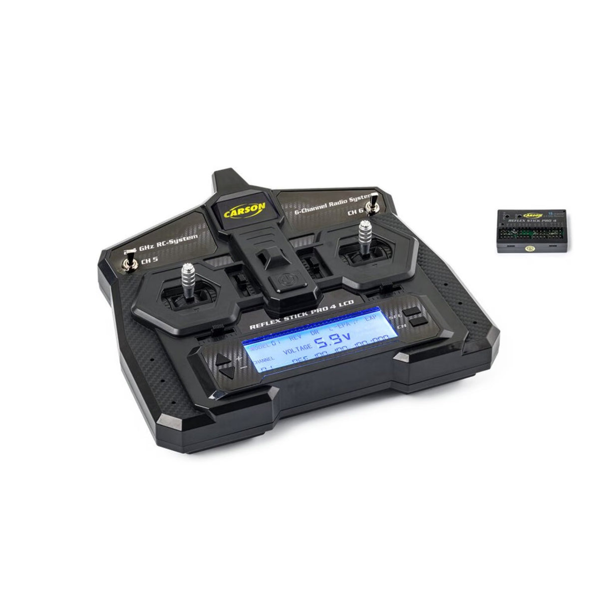Carson FS 6 Channel Reflex Stick Pro 4 LCD Transmitter C501021 - hero shot with receiver