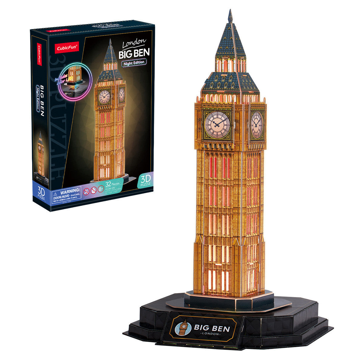 CubicFun Big Ben Night Edition with LED Lighting 3D Puzzle CFL537 – box and built model