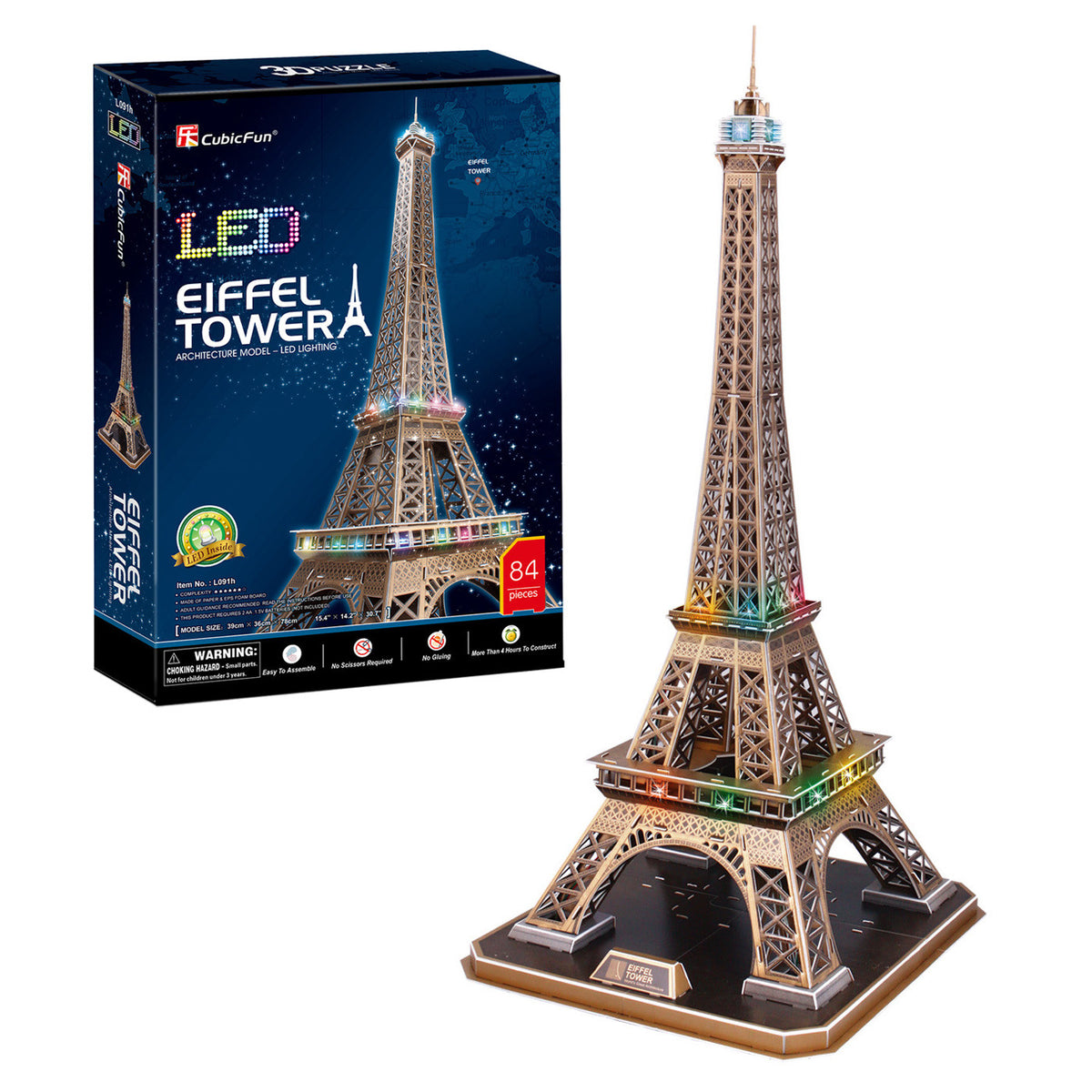 CubicFun Eiffel Tower with LED Lighting 3D Puzzle CFL091 – box and built model