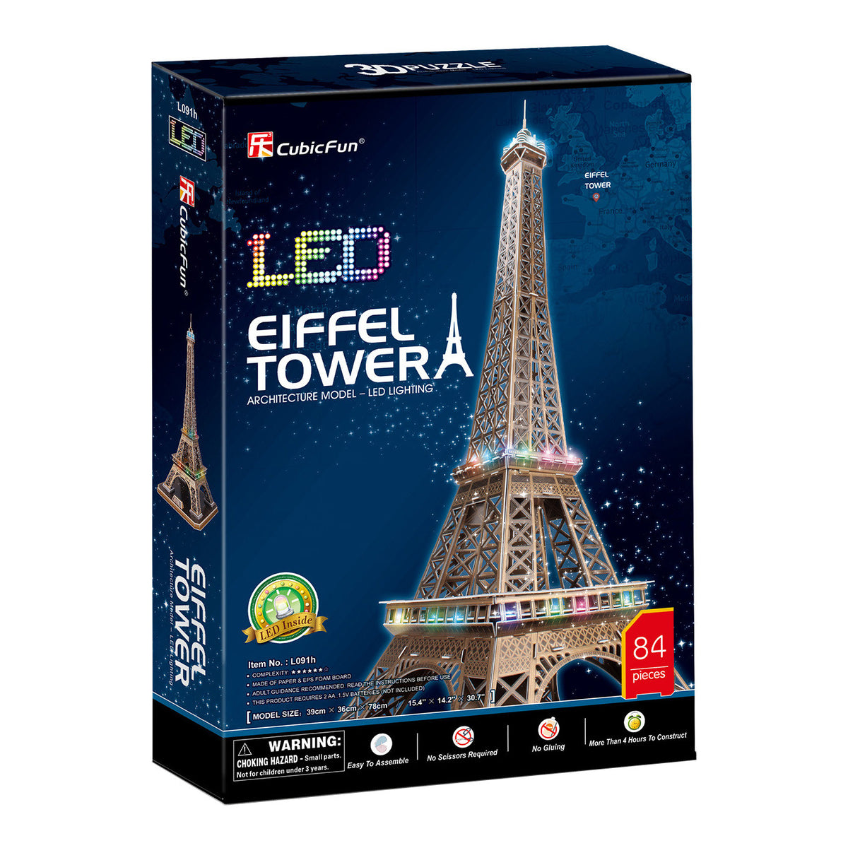 CubicFun Eiffel Tower with LED Lighting 3D Puzzle CFL091 – built model view 3
