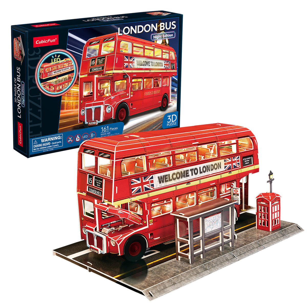 CubicFun London Bus Night Edition with LED Lighting 3D Puzzle CFL538 – box and built model