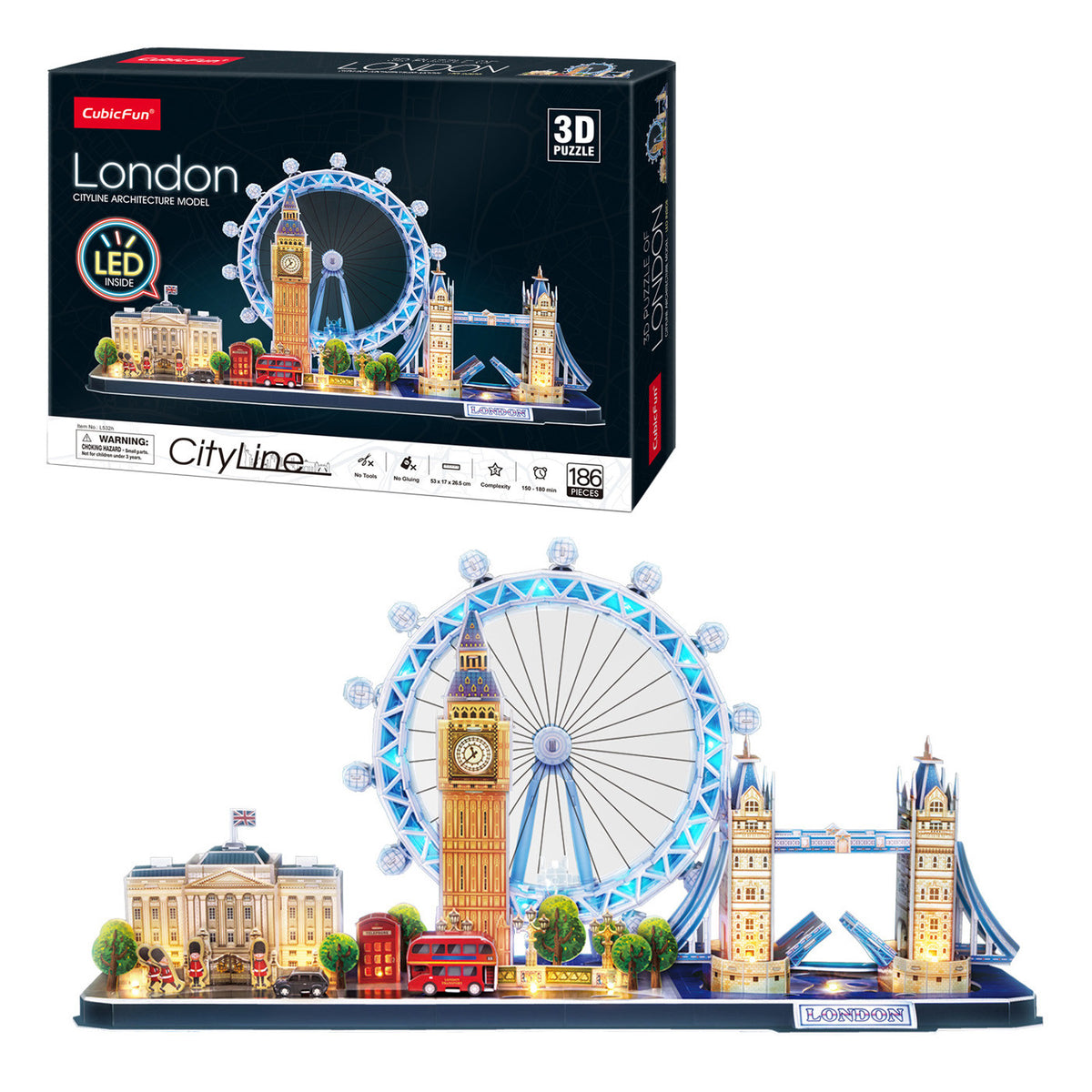 CubicFun London CityLine with LED Lighting 3D Puzzle CFL532 – box and built model