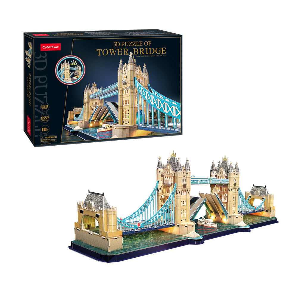 CubicFun Tower Bridge with LED Lighting 3D Puzzle CFL531 – box and built model