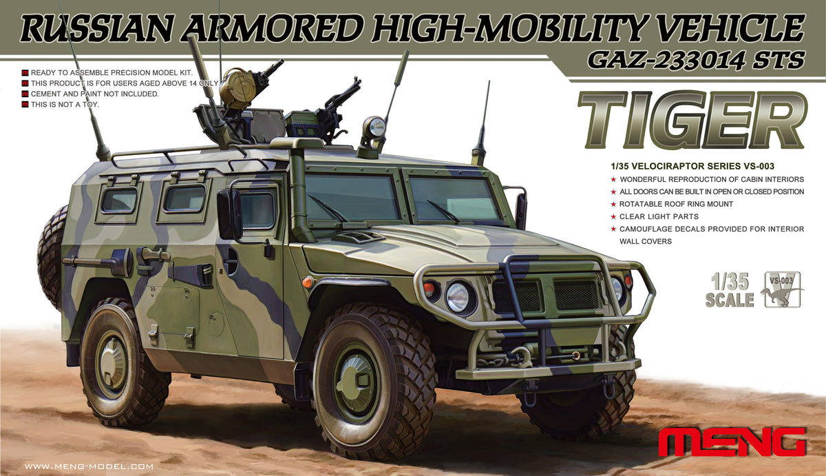 Meng 1/35 Russian GAZ-233014 STS Tiger Armoured Vehicle model kit VS-003, box art