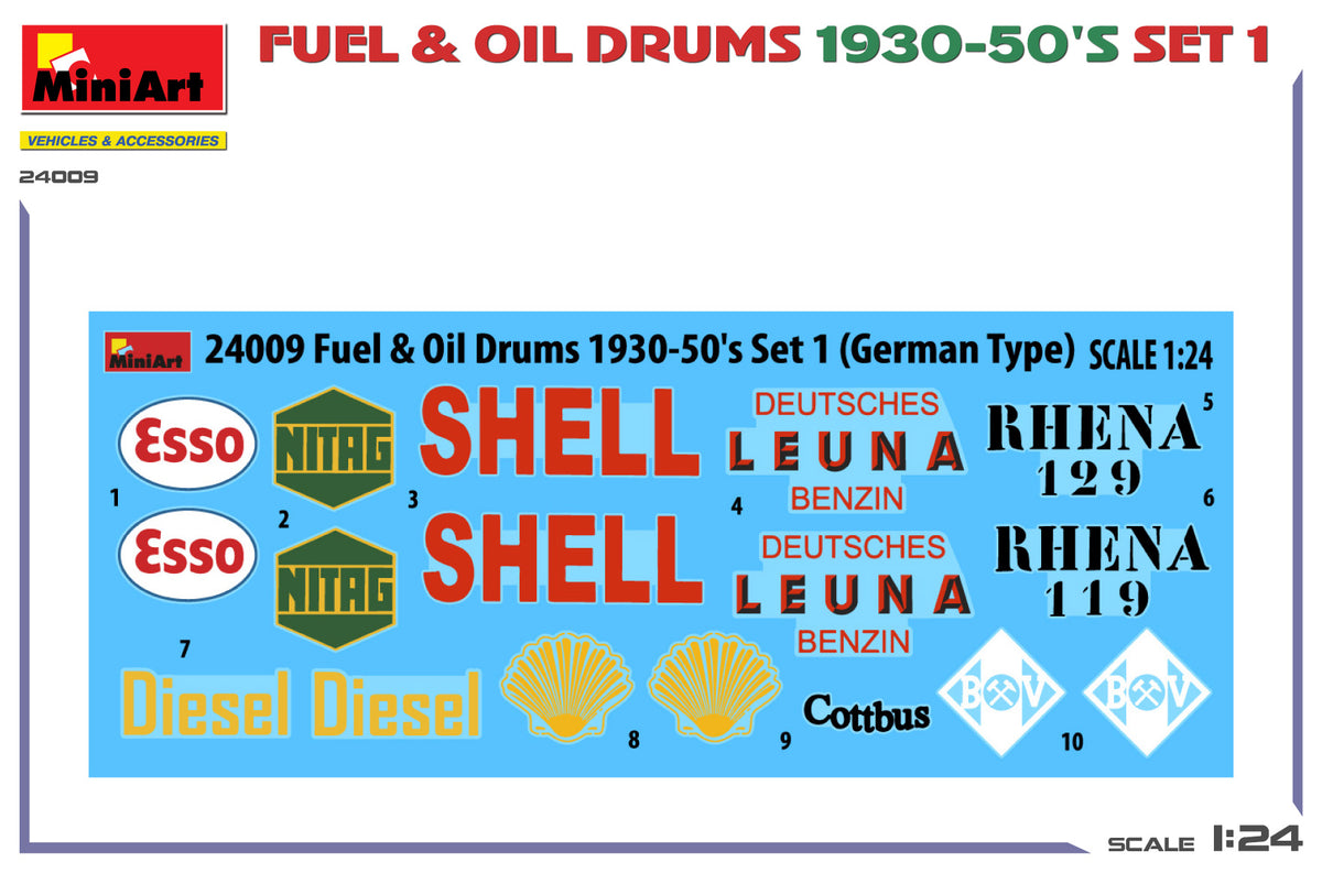 MiniArt 1/24 Accessories - Fuel & Oil Drums 1930-50's Set1 (German) - 24009