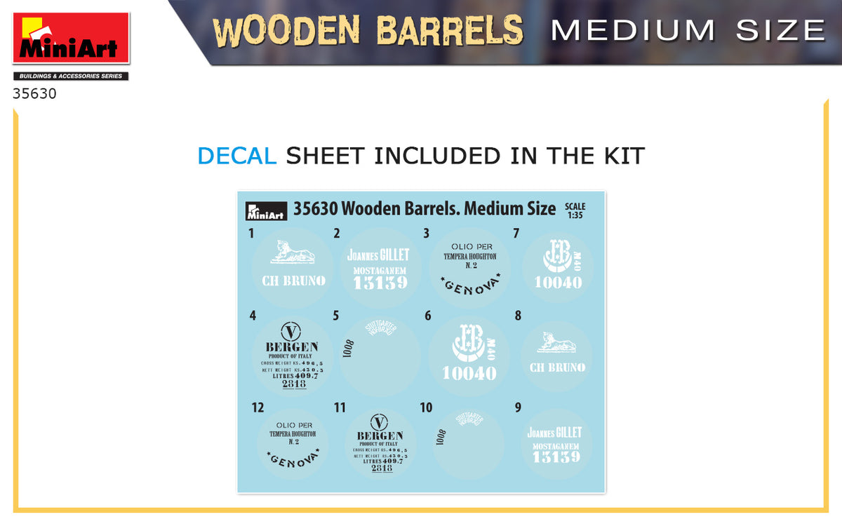 MiniArt 1/35 Accessories - Wooden Barrels, Medium Size - 35630