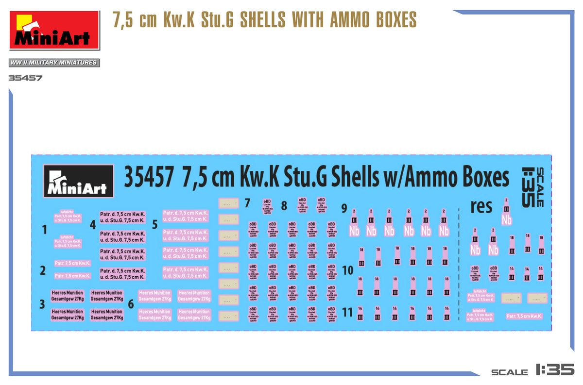 MiniArt 1/35 Accessories - 7,5 cm Kw.K Stu.G Shells w/ Ammo Boxes - 35457