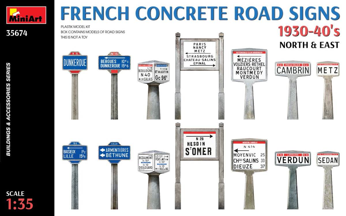 MiniArt Concrete Road Signs, France 1930-40s, N & E - 35674 box art