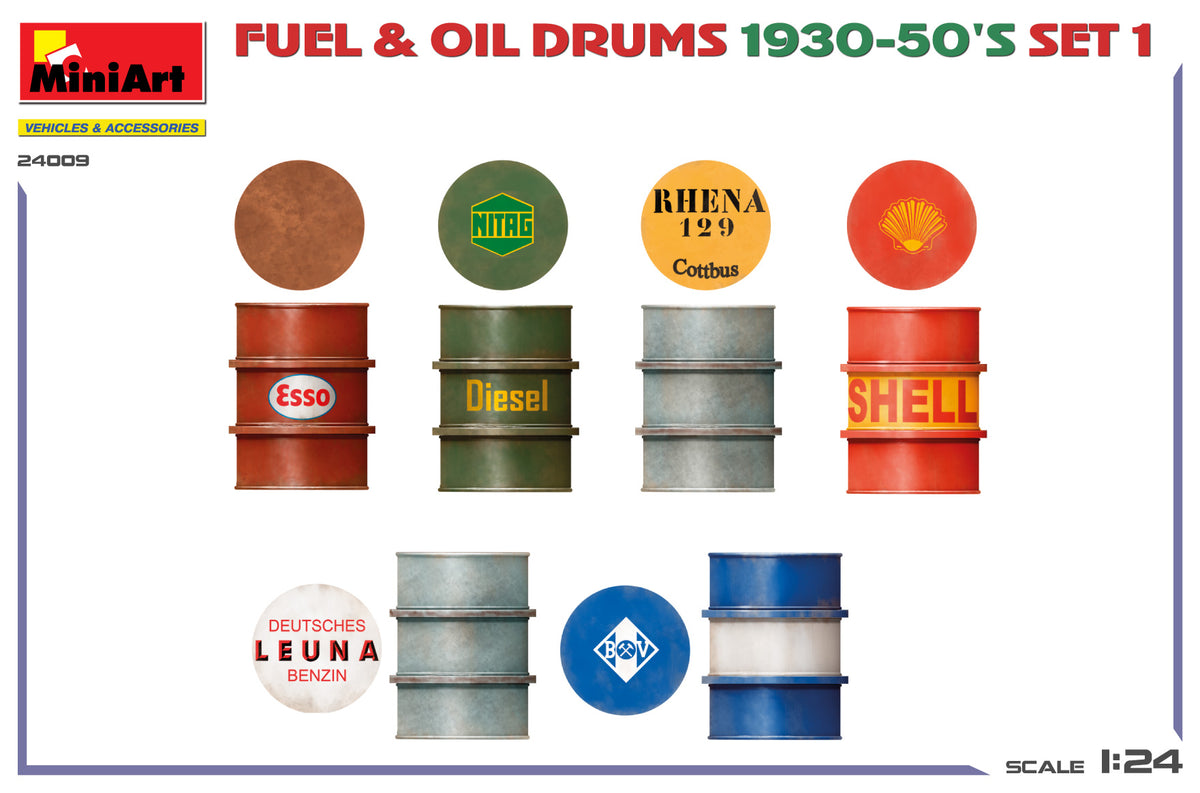 MiniArt 1/24 Accessories - Fuel & Oil Drums 1930-50's Set1 (German) - 24009