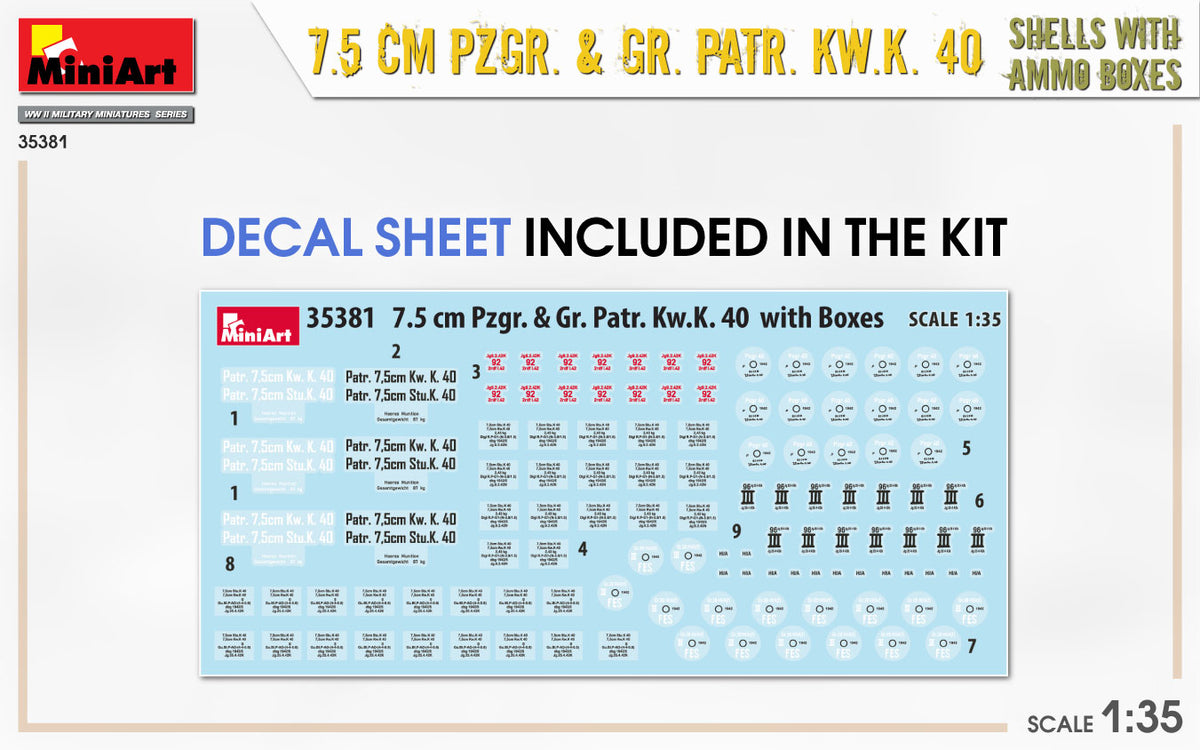 MiniArt 1/35 Accessories - 7.5cm Pzgr & Kw.K 40 Shells & Ammo Boxes - 35381