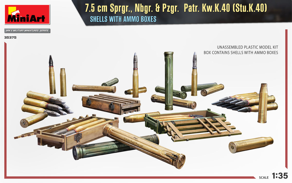MiniArt 1/35 Accessories - 7.5 cm Sprgr Nbgr,Pzgr,Patr,Kw.K.40 Shells - 35375