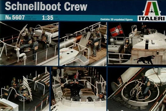 Front packaging of an Italeri model kit, 'Schnellboot Crew' No. 5607, 1:35 scale, showing a collage of six photos of the detailed interior and deck of a German U-boat crewed with 10 unpainted figures.