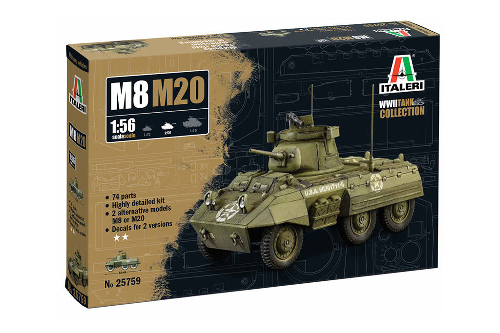 Model tank kit packaging for M8 M20 with Italeri branding on a white background