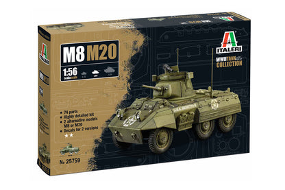 Model tank kit packaging for M8 M20 with Italeri branding on a white background