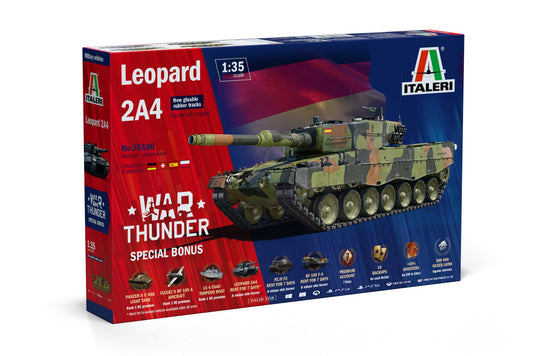 Model tank kit packaging for Leopard 2A4 with Italeri branding on a white background